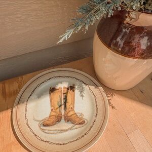 Vintage Cream and Brown Dinnerware Plate with Cowboy Boot Design